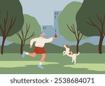 young man in a park with a small white dog Jack Russell Terrier running beside him, showcasing companionship and joy. Lush green trees and rolling hills frame a distant city skyline