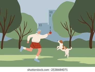 joven en un parque con un Pequeño perro blanco Jack Russell Terrier corriendo a su lado, mostrando compañía y alegría. Exuberantes árboles verdes y colinas ondulantes enmarcan un horizonte distante de la ciudad