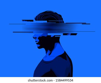 A young man with a partially obscure face. Mental wellbeing, mens issues, and rights concept.Vector illustration