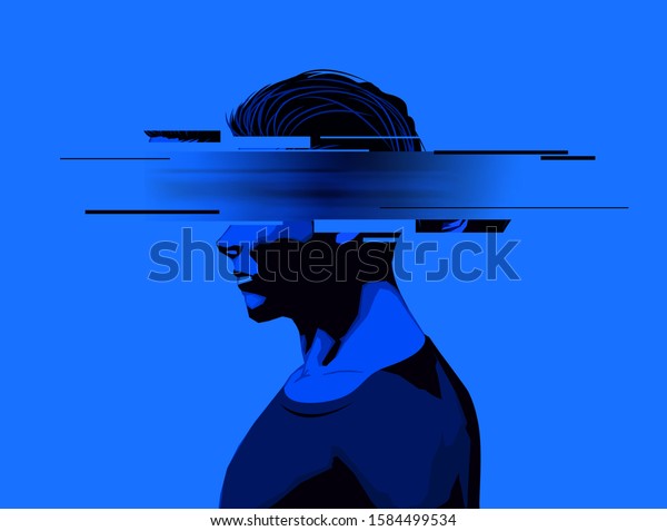 A young\
man with a partially obscure face. Mental wellbeing, mens issues,\
and rights concept.Vector\
illustration