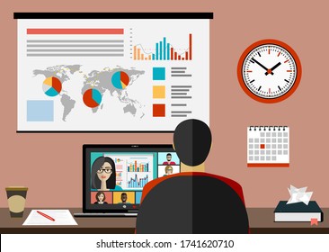 Young man is participating in an online conference.Conference video call. Online communication. Working from home. Remote project management, online education, online lessons.