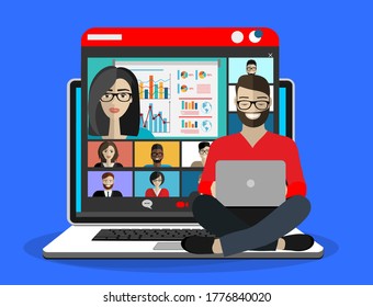 Young Man Is Participating In An Online Conference.Conference Video Call. Online Communication. Working From Home. Remote Project Management, Online Education, Online Lessons.