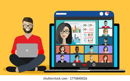 Young Man Is Participating In An Online Conference.Conference Video Call. Online Communication. Working From Home. Remote Project Management, Online Education, Online Lessons.