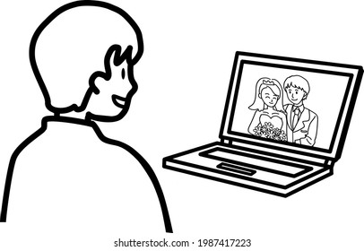 Young man participating in the Online wedding. Bride and groom virtual wedding on computer screen