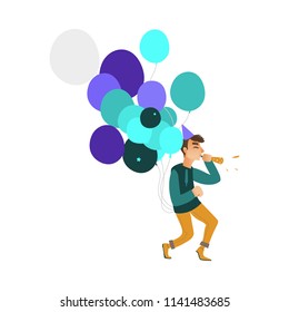Young man in party hat with pile of balloons blowing holiday pipe isolated on white background. Cartoon vector illustration of happy male character at birthday or New Year celebration.