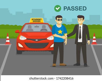 Young man passes his practical driving test. Examiner congratulates and shaking driver's hand. Flat vector illustration.