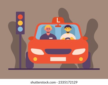 Young man passing driving test concept. Practice at driving school. Road signs and traffic lights exam. Learning and getting driving license. Flat vector illustration