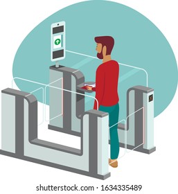 Young man passing through automated passport border control gates flat vector illustration