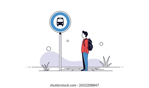 Jovem pacientemente espera por transporte público em uma parada designada em um dia claro