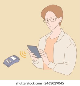 Young man paying bill through smartphone, cash register machine using NFC technology. Contactless payment. Near-field communication, e-payment. Hand drawn flat cartoon character vector illustration.