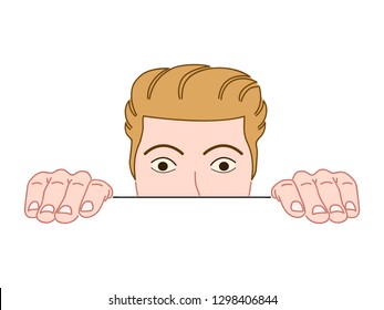 Young man peeking from behind the wall. Isolated on white. Hand drawn character