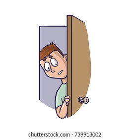 Young man peeking in the slightly open door. Agoraphobia concept. Vector Illustration, isolated on white background.