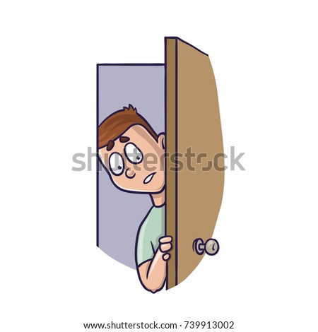 Young man peeking in the slightly open door. Agoraphobia concept. Vector Illustration, isolated on white background.