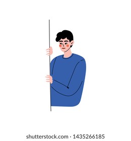 Young Man Peeping from Behind the Wall Vector Illustration