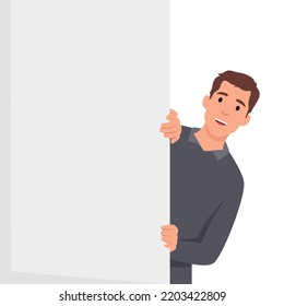 Young man peeping from behind wall. Funny curious man searching something. Smiling guy office worker or clerk watching or seeking. Flat vector illustration isolated on white background