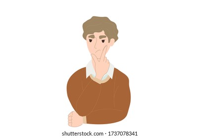 A young man in a pensive pose, ponders, makes a choice. Vector illustration, flat cartoon design, eps 10.