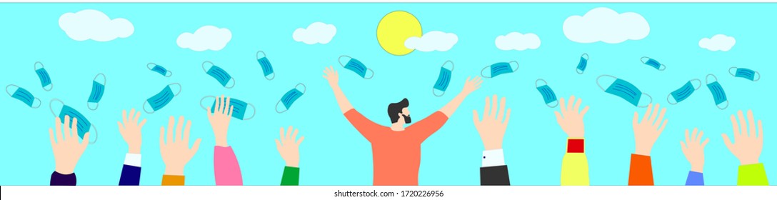 Young man and people hands throwing out medical masks and celebrating victory over  coronavirus outside in open air. End of quarantine. Remove mask. Outdoor. Freedom. Covid-19. Pandemic crisis end.