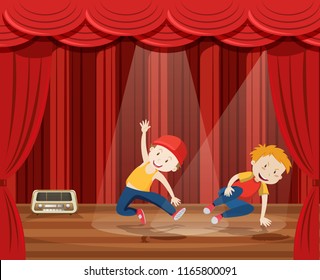 Young man perform hip hop dance on stage illustration