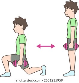 Young Man Performing Dumbbell Front Lunge Side View Illustration