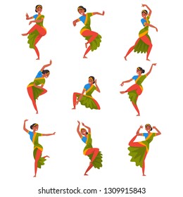 Young Man Performing Folk Dance Set, Smiling Indian Dancer Character Dancing in Traditional Clothes Vector Illustration