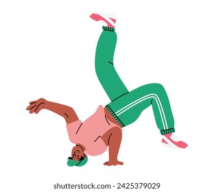 Young man performing a head glide in spinning motion, balancing on one hand and head. Hand drawn vector illustration isolated on white background