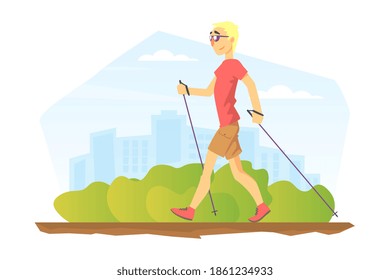 Young Man Performing Nordic Walking in Park, People in Sports Outfit Enjoying Walking in Open Air Cartoon Vector Illustration