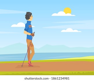 Young Man Performing Nordic Walkingon Beach, People in Sports Outfit Enjoying Walking in Open Air Cartoon Vector Illustration