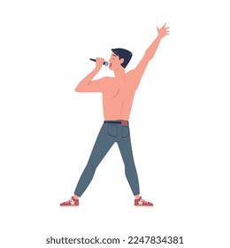 Young man performing on stage. Guy singing song with microphone cartoon vector illustration