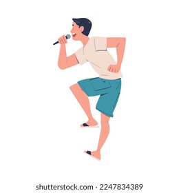 Young man performing on stage with microphone. Male singer singing and dancing cartoon vector illustration