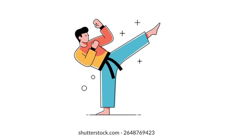 Jovem realizando um poderoso chute de artes marciais durante uma sessão de treino exibindo destreza atlética e dedicação