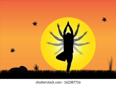 Young Man performing Yoga asana on an early morning sunrise or sunset in a peaceful natural setting with bright yellow sun and orange sky with maple leaves falling - concept design art