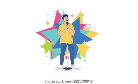 Young man performs on stage singing into a microphone in front of a colorful star shaped background.