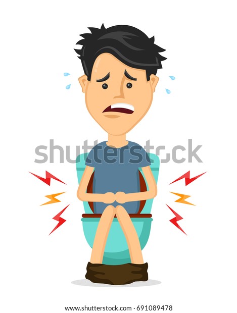 Young man person sitting toilet seat with\
diarrhea,food poisoning,stomach pain problem.Vector flat cartoon\
illustration character icon.Isolated on white background.Diarrhea\
sick,constipated concept