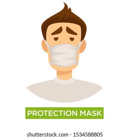 Young man, person wearing medical protection mask, protect from virus, infection, cold and flue season, health care theme, isolated colorful flat vector illustration on white background