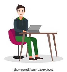 Young man with personal computer in home office