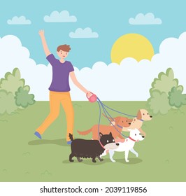 young man with pets walking cartoon