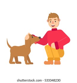 Young man petting a dog cute dog in cartoon style. 