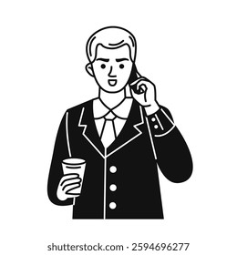 Young man with phone and coffee in hands. Male doodle character in formal suit. Vector black and white illustration in linear style