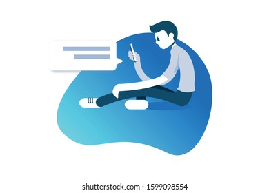 A young man with a phone in hand. Messaging person on social media. Boy using phone. Perfect for advertisements, websites or invitations. Useful as  jpg, png, eps, cdr, svg, pdf, ico, gif svg