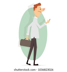 Young man with a phone in his hand. Cartoon character vector illustration. Funny animation style. 