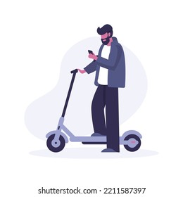 Young man with phone in his hand riding electric scooter modern. Isolated on white background. Ecology transport concept. Flat style. Vector illustration.