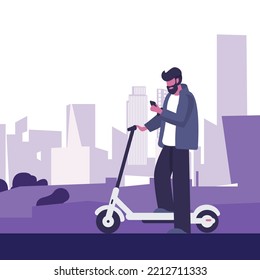 Hombre joven con teléfono en la mano montando motocicleta eléctrica, moderno paisaje urbano. Concepto de transporte ecológico. Estilo plano. Ilustración vectorial.