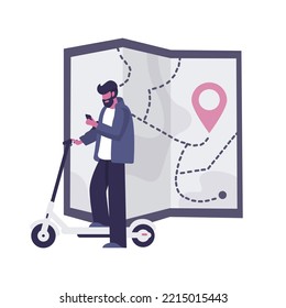 Hombre joven con teléfono en la mano montando motocicleta eléctrica moderno paisaje urbano fondo de mapa. Concepto de transporte ecológico. Estilo plano. Ilustración vectorial.