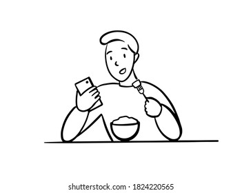 The young man with a phone at lunch. Phone addiction. Hand drawn illustration