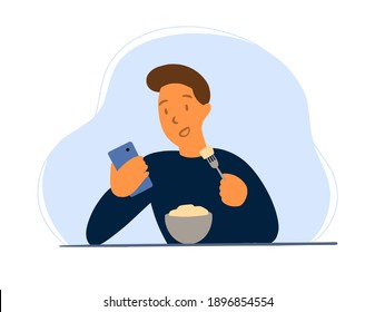 The young man with a phone at lunch. Phone addiction. Flat style illustration