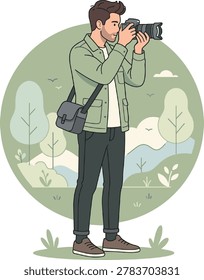 Young man photographer capturing nature scenes with camera in a peaceful green forest
