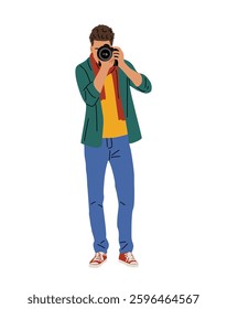 Young man photographer standing with camera, taking photo. Colorful flat vector illustration isolated on white background