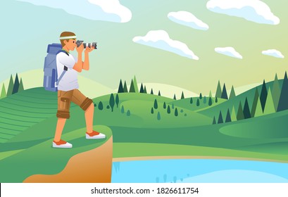 young man photographer taking a picture of beautiful landscape of hill with forest, lake and green field vector illustration. used for poster, landing page illustration and other