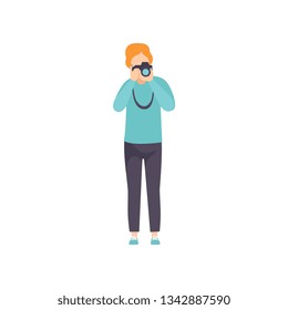 Young man photographing, guy taking photo with camera vector Illustration on a white background