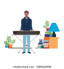 young man with piano keyboard in living room